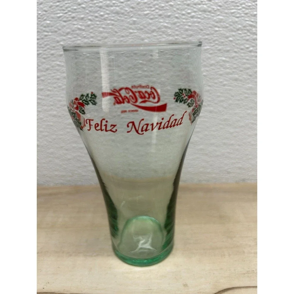 Vintage Coca Cola Clear Green Soda Glass Feliz Navidad Christmas Holiday Bells